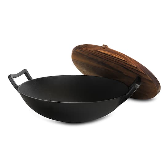 General Store Addlestone 14" Heavy Duty Cast Iron Wok with Wood Lid